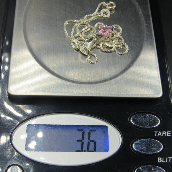 16" Sterling Silver Pink Cubic Zirconia Gem & Diamond Chip Necklace Vintage - Picture 7 of 7